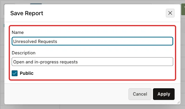 Save Report dialog prefilled with Unresolved Requests, its description and Public ticked