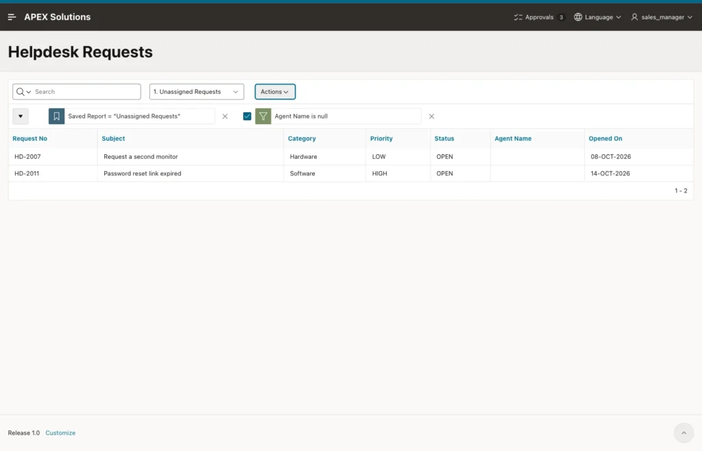 Interactive report showing the private report Unassigned Requests with two rows