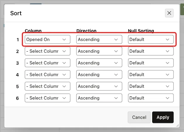 Sort dialog with Column 1 Opened On and Direction Ascending marked with a red box