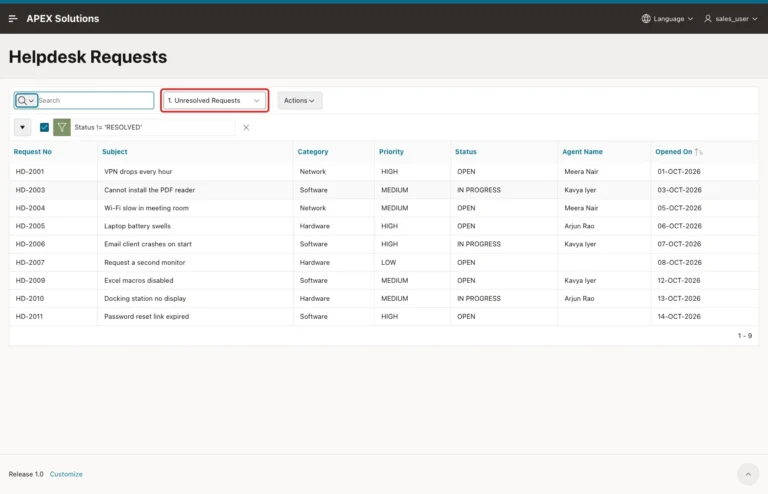 Report as SALES_USER with the public report Unresolved Requests selected showing 9 rows