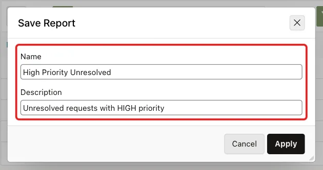 Save Report dialog for SALES_USER with Name High Priority Unresolved and a description and no Public checkbox