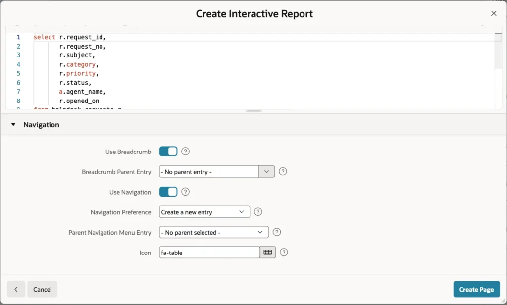 Navigation section of the Create Interactive Report wizard with the default breadcrumb and navigation menu settings
