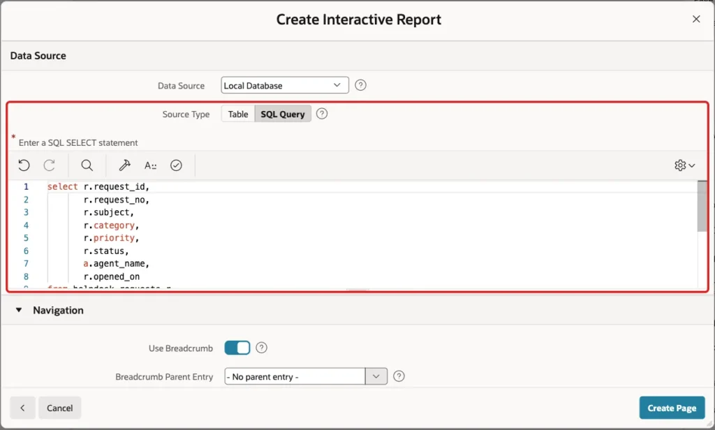Data Source section with Source Type SQL Query and the report query marked with a red box