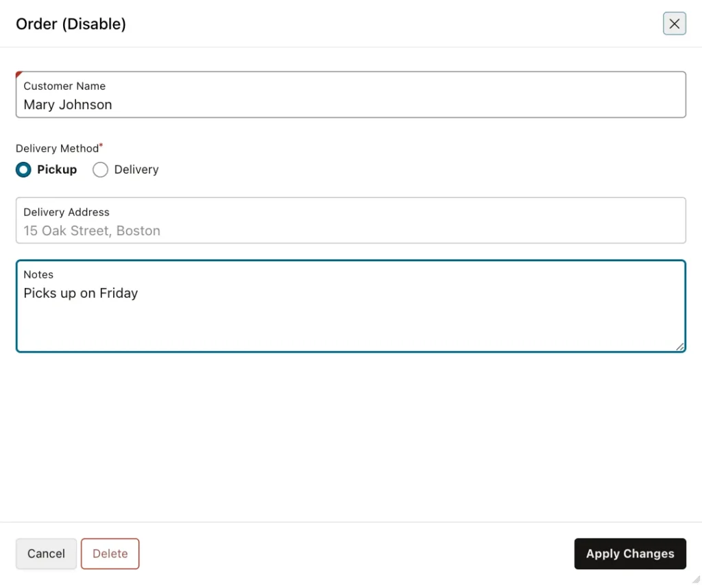 Order form with Delivery Method Pickup and a faded, disabled Delivery Address field