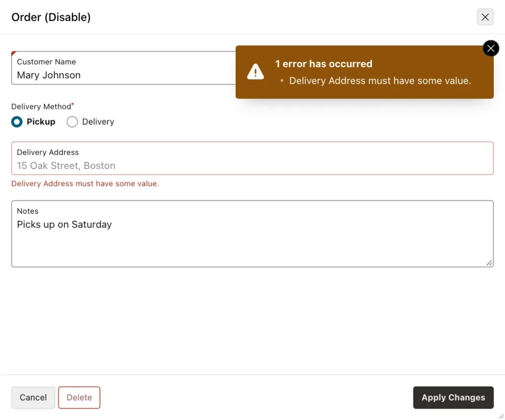 Order form with the error Delivery Address must have some value