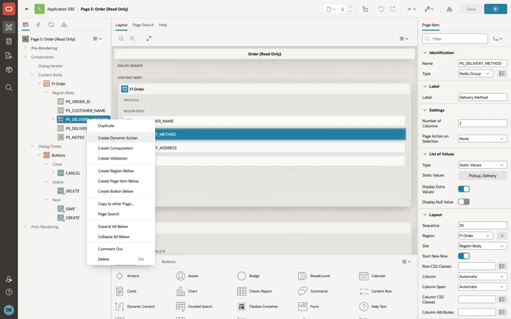 Context menu of P5_DELIVERY_METHOD in Page Designer with Create Dynamic Action highlighted
