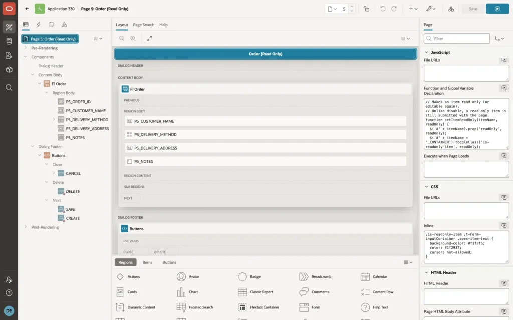 Page Designer with the page selected, the setItemReadOnly function in Function and Global Variable Declaration, and the CSS in Inline