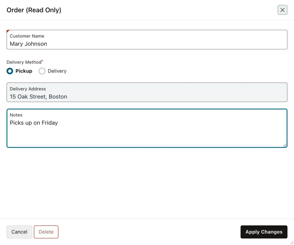 Order form with Delivery Method Pickup and a read-only Delivery Address with dark text on a light gray background
