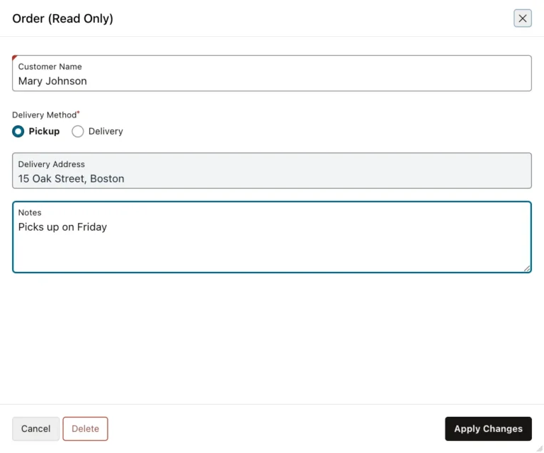 Order form with Delivery Method Pickup and a read-only Delivery Address with dark text on a light gray background
