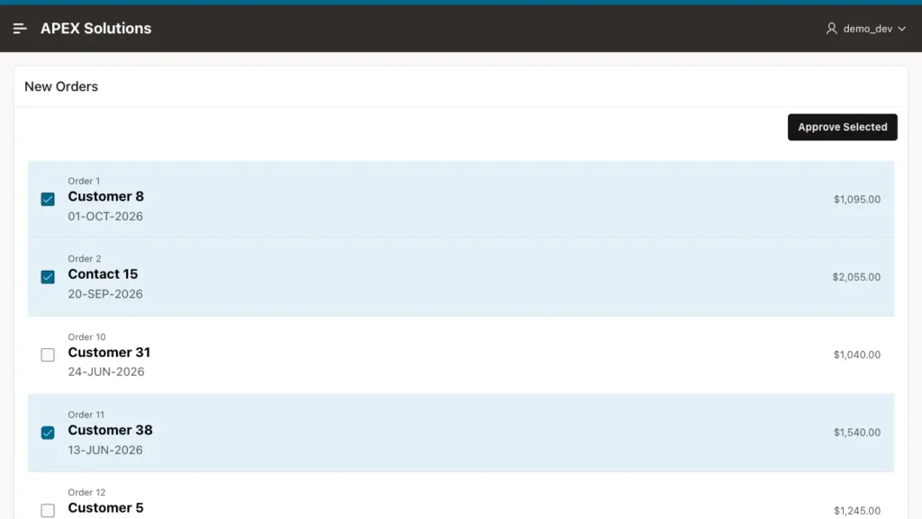 Oracle APEX Content Row report of new orders with orders 1, 2 and 11 checked and highlighted