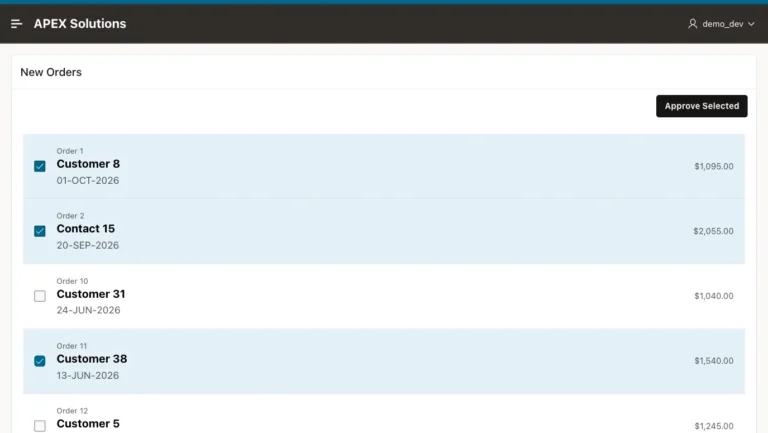 Oracle APEX Content Row report of new orders with orders 1, 2 and 11 checked and highlighted