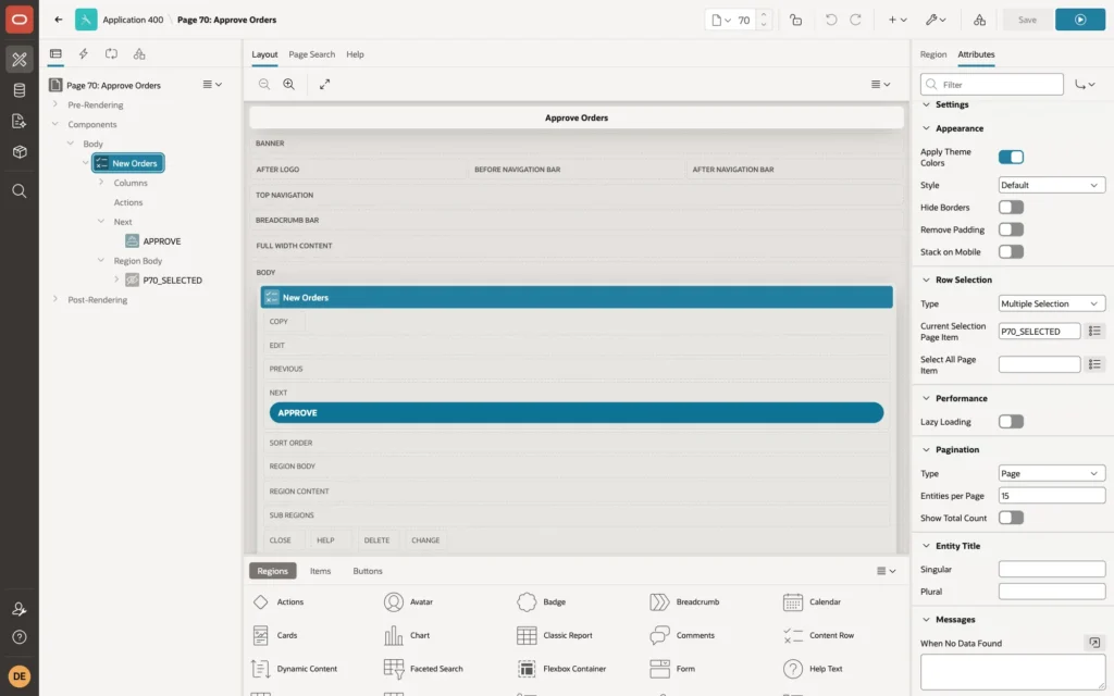 Page Designer showing the New Orders Content Row region attributes with Row Selection Type Multiple Selection and Current Selection Page Item P70_SELECTED