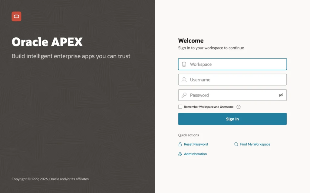 Oracle APEX 26.1 workspace sign-in page