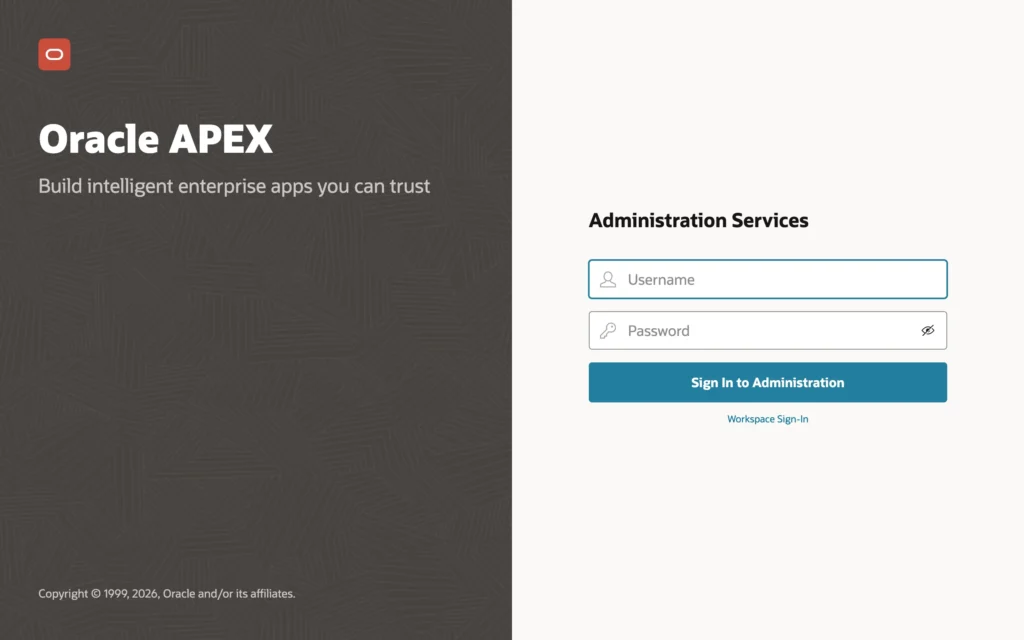 Oracle APEX Administration Services sign-in page