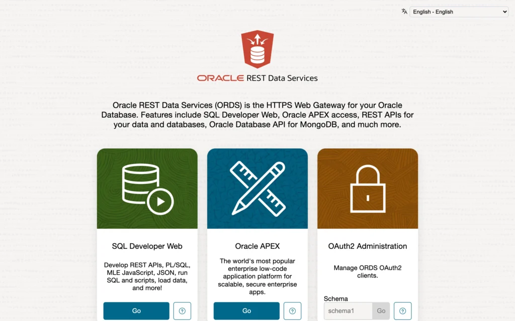 ORDS landing page with SQL Developer Web, Oracle APEX, and OAuth2 Administration