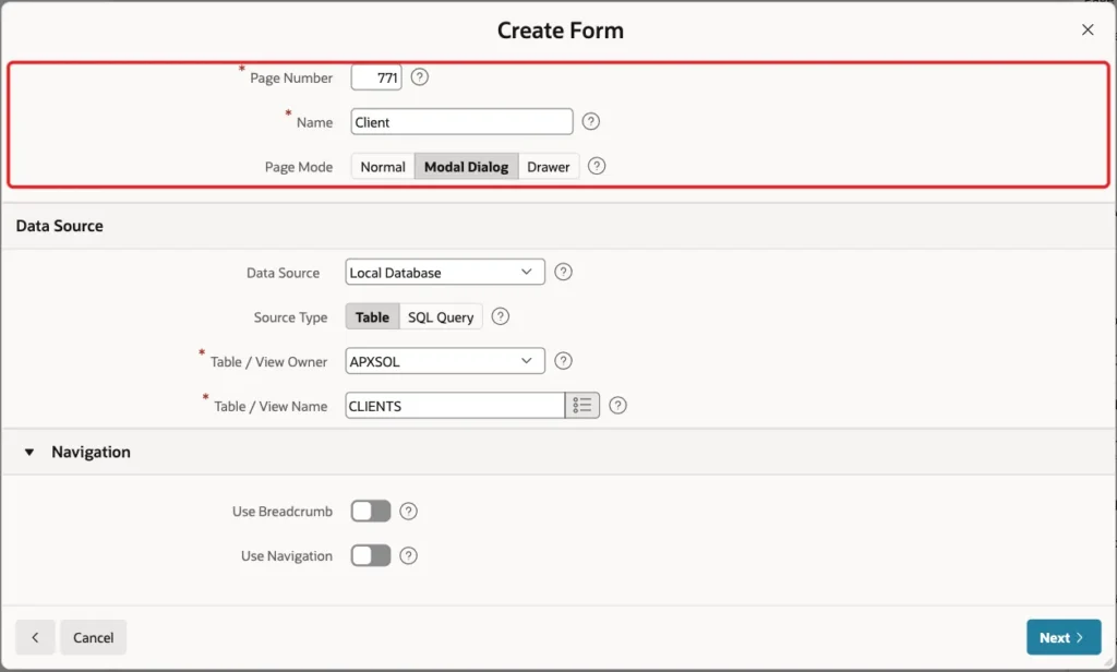 Create Form wizard with Page Number 771, Name Client and Page Mode Modal Dialog marked with a red box