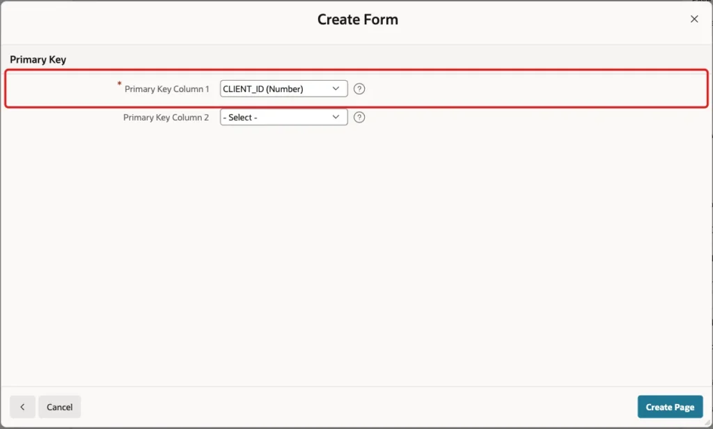 Create Form wizard Primary Key screen with Primary Key Column 1 CLIENT_ID marked with a red box