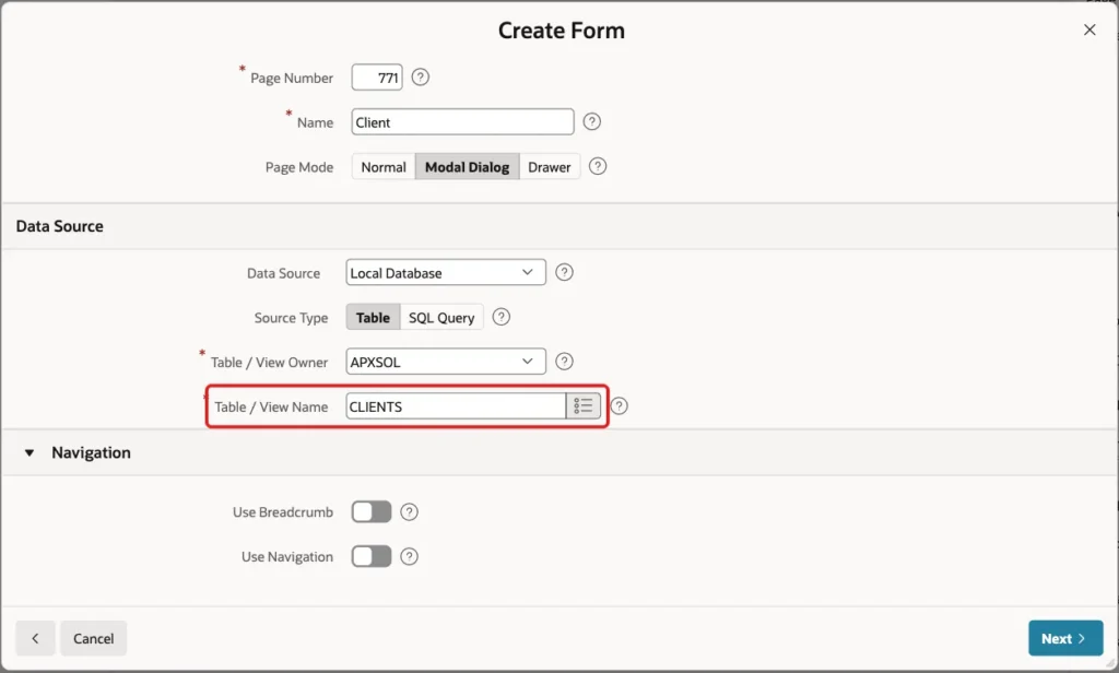 Create Form wizard with Table / View Name CLIENTS marked with a red box