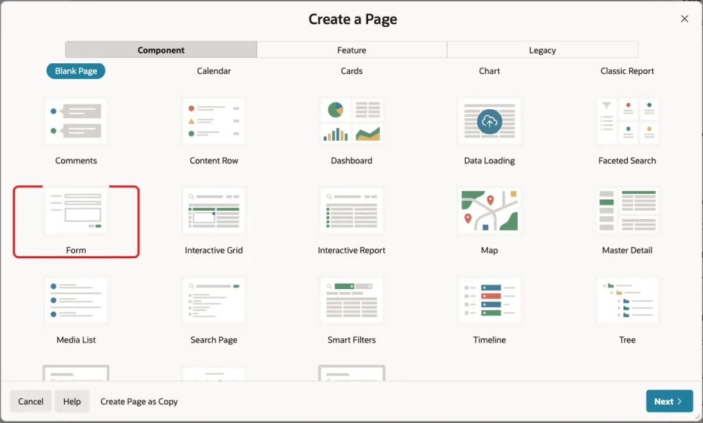 Create a Page wizard with the Form tile marked with a red box