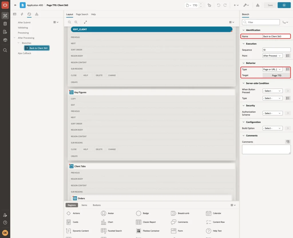 Branch Back to Client 360 with Name, Type Page or URL and Target Page 770 marked with red boxes