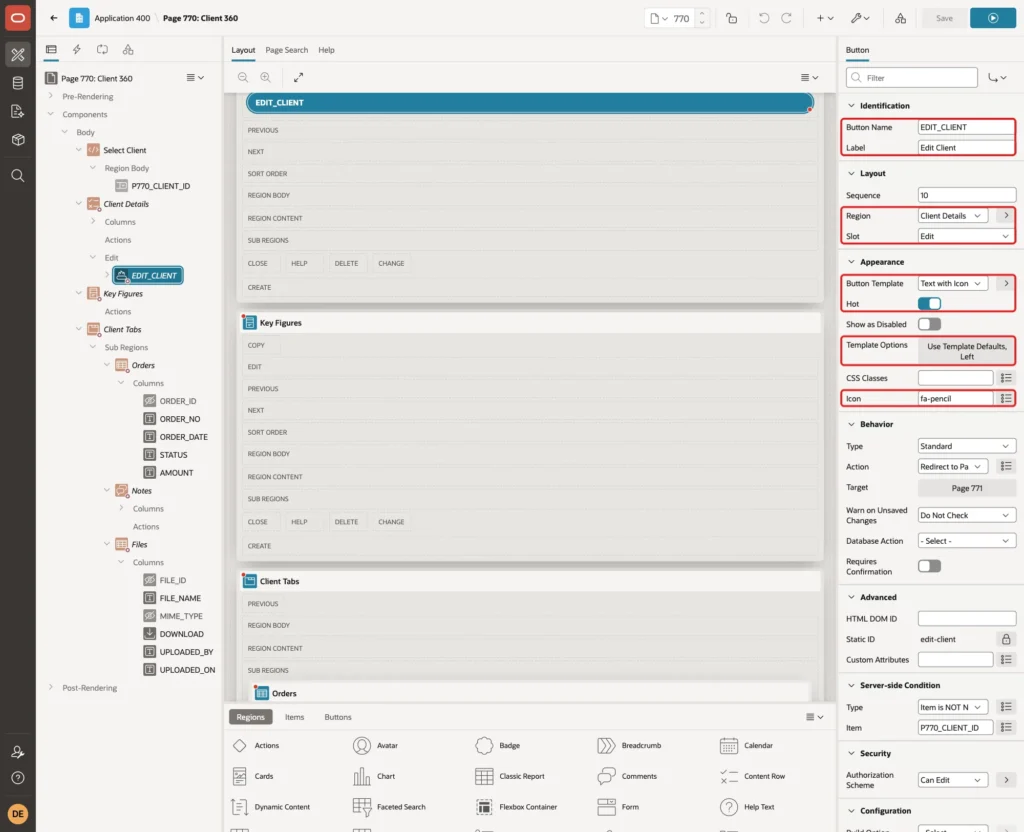 Button EDIT_CLIENT with Button Name, Label, Region Client Details, Slot Edit, Button Template Text with Icon, Hot, Template Options and Icon fa-pencil marked with red boxes