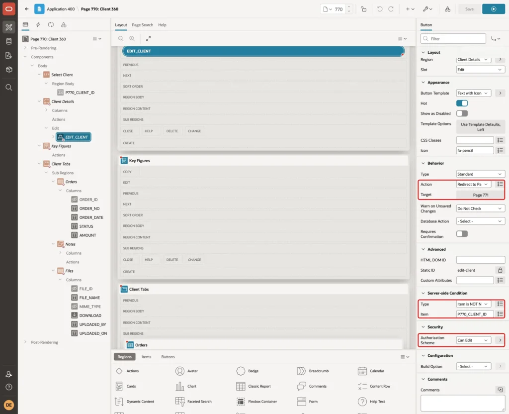 Button Behavior Action Redirect to Page with Target Page 771, Server-side Condition Item is NOT NULL P770_CLIENT_ID and Authorization Scheme Can Edit marked with red boxes