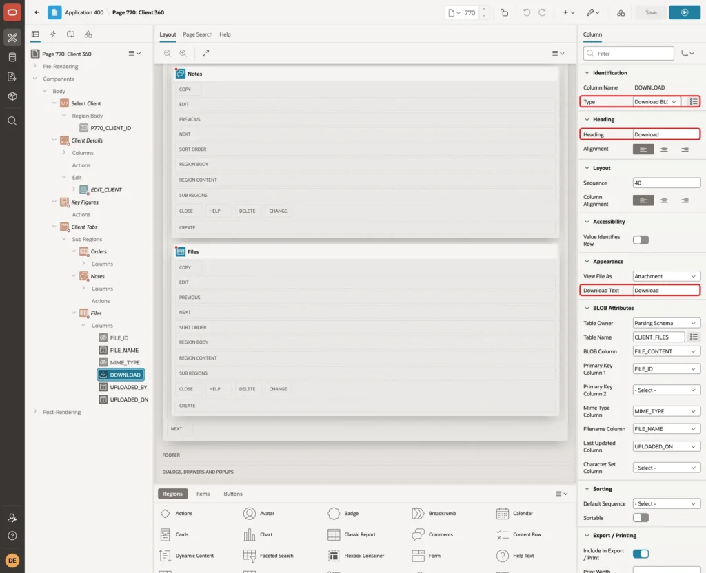Column DOWNLOAD with Type Download BLOB, Heading Download and Download Text Download marked with red boxes