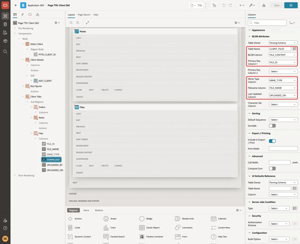 BLOB Attributes with Table Name CLIENT_FILES, BLOB Column FILE_CONTENT, Primary Key Column 1 FILE_ID, Mime Type, Filename and Last Updated columns marked with red boxes