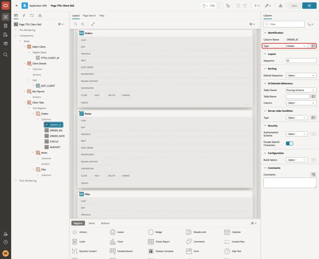 Column ORDER_ID with Type Hidden marked with a red box
