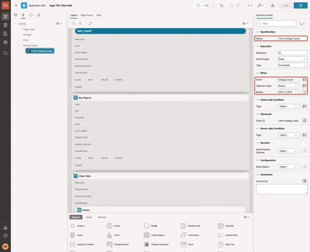 Dynamic action Client Dialog Closed with Name, Event Dialog Closed, Selection Type Button and Button EDIT_CLIENT marked with red boxes