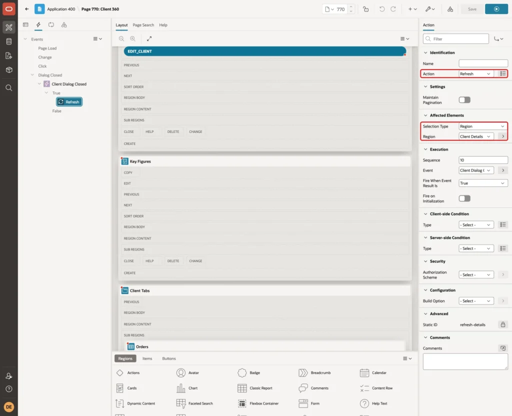 True action Refresh with Affected Elements Selection Type Region and Region Client Details marked with red boxes