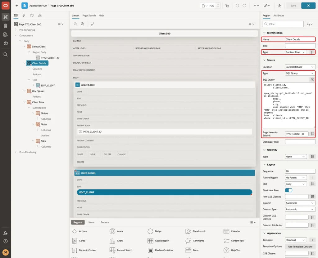 Region Client Details with Name, Type Content Row, Source Type SQL Query, the query and Page Items to Submit P770_CLIENT_ID marked with red boxes
