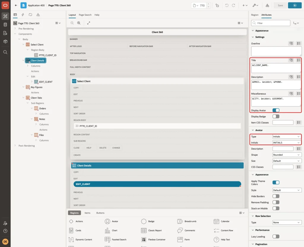 Content Row attributes with Title, Description, Miscellaneous, Display Avatar on, Avatar Type Initials and Initials INITIALS marked with red boxes