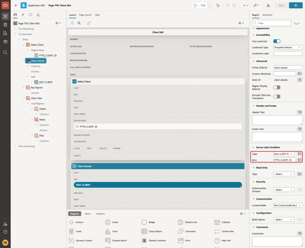 Server-side Condition Type Item is NOT NULL and Item P770_CLIENT_ID marked with a red box