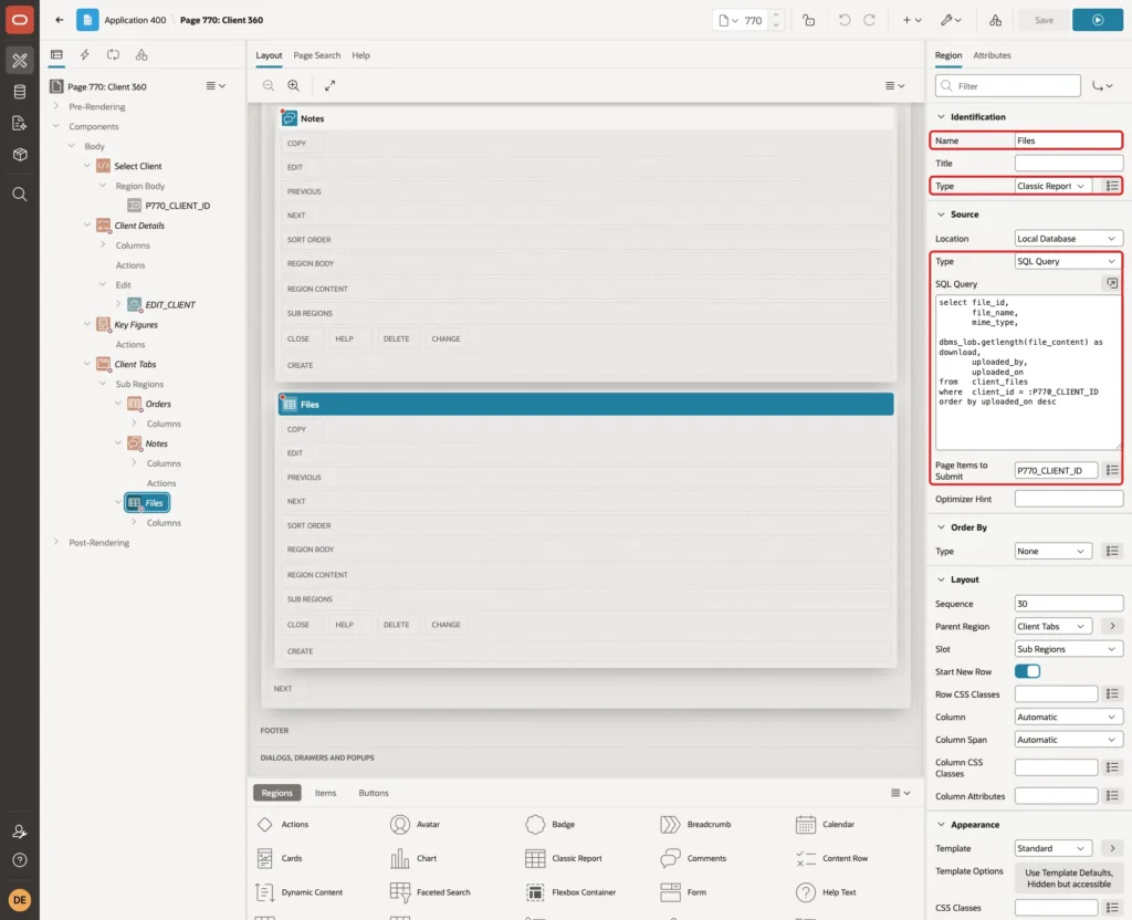 Region Files with Name, Type Classic Report, Source Type SQL Query, the query and Page Items to Submit marked with red boxes