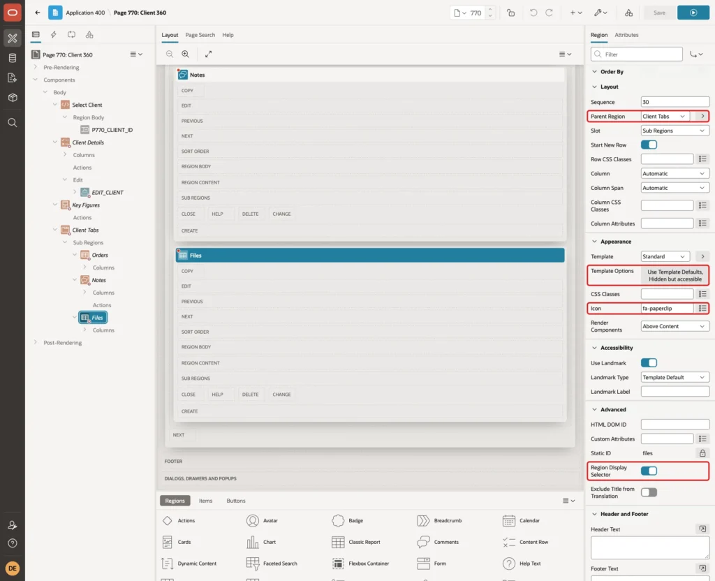 Files region with Parent Region Client Tabs, Template Options, Icon fa-paperclip and Region Display Selector on marked with red boxes