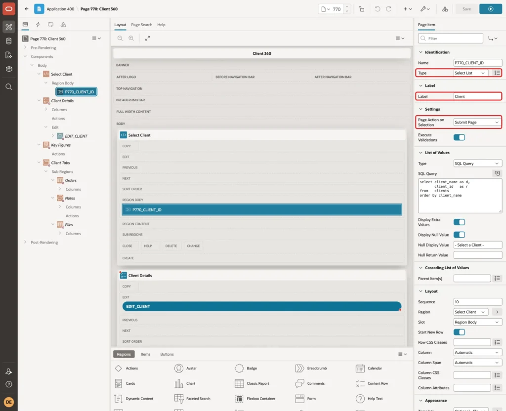 Page item P770_CLIENT_ID with Type Select List, Label Client and Page Action on Selection Submit Page marked with red boxes