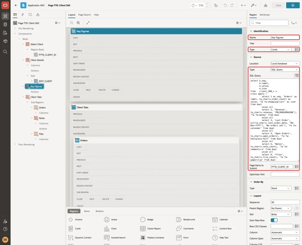 Region Key Figures with Name, Type Cards, Source Type SQL Query, the CROSS APPLY query and Page Items to Submit marked with red boxes