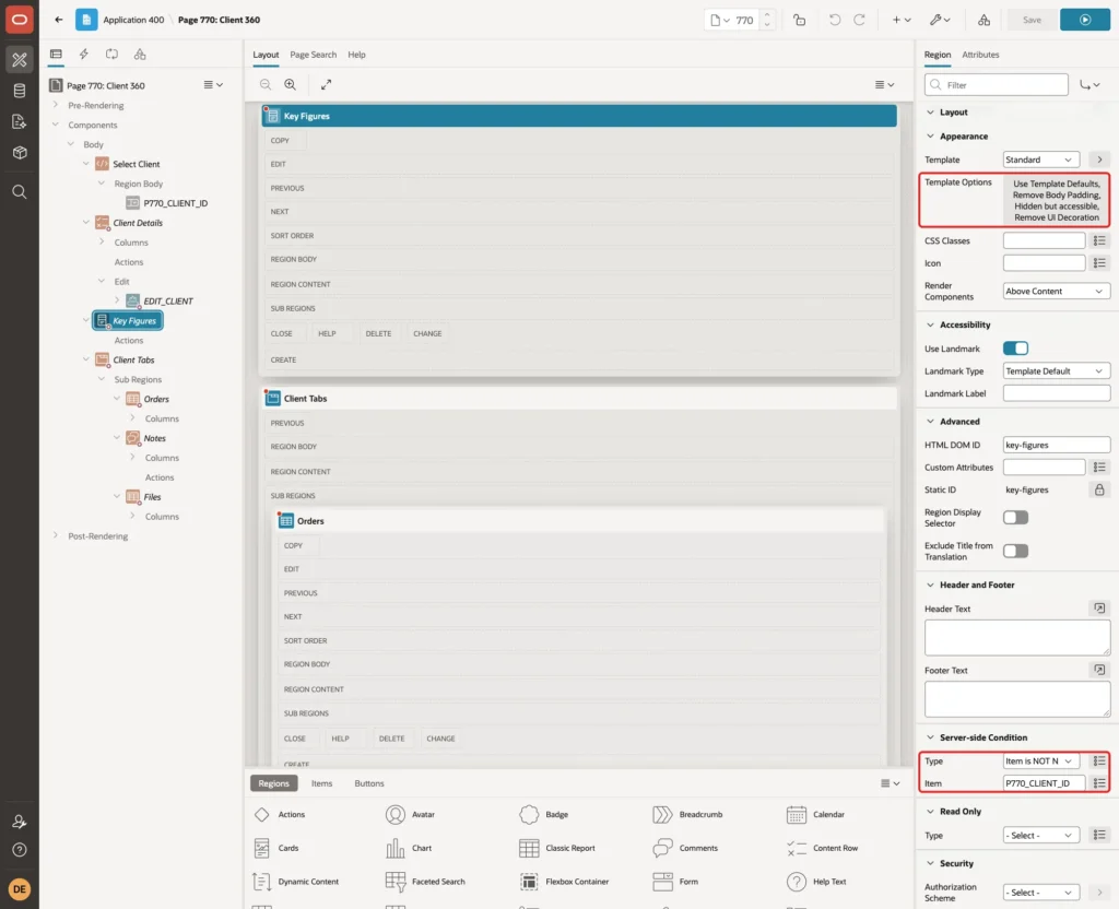 Key Figures Template Options and Server-side Condition Item is NOT NULL P770_CLIENT_ID marked with red boxes