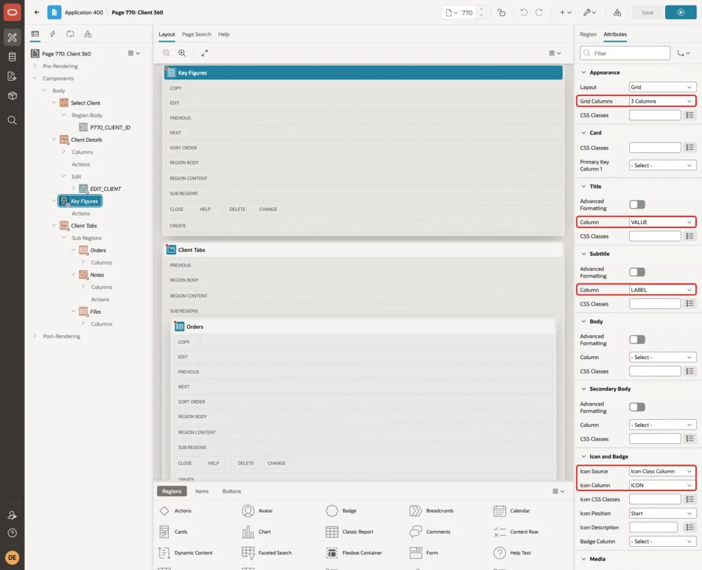 Cards attributes with Grid Columns 3 Columns, Title Column VALUE, Subtitle Column LABEL, Icon Source Icon Class Column and Icon Column ICON marked with red boxes