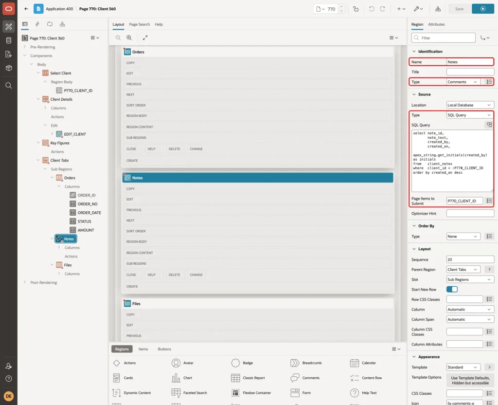 Region Notes with Name, Type Comments, Source Type SQL Query, the query and Page Items to Submit marked with red boxes