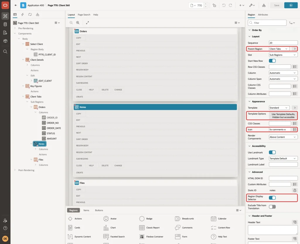 Notes region with Parent Region Client Tabs, Template Options, Icon fa-comments-o and Region Display Selector on marked with red boxes