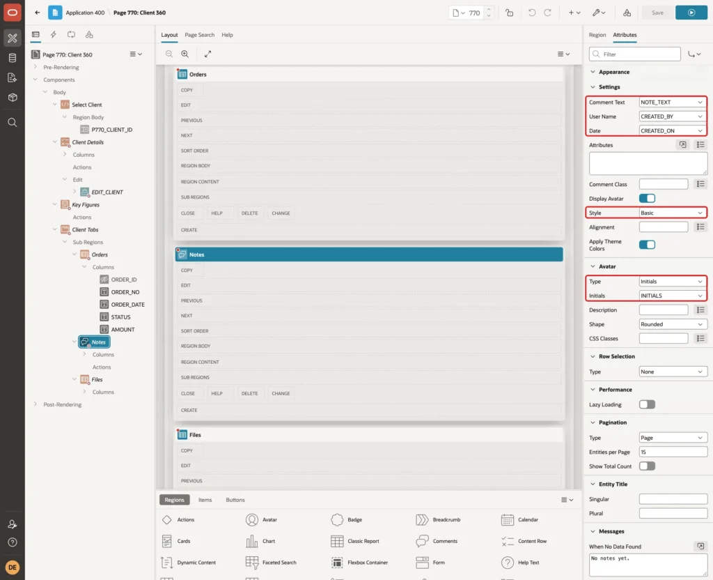 Comments attributes with Comment Text NOTE_TEXT, User Name CREATED_BY, Date CREATED_ON, Style Basic, Avatar Type Initials and Initials INITIALS marked with red boxes