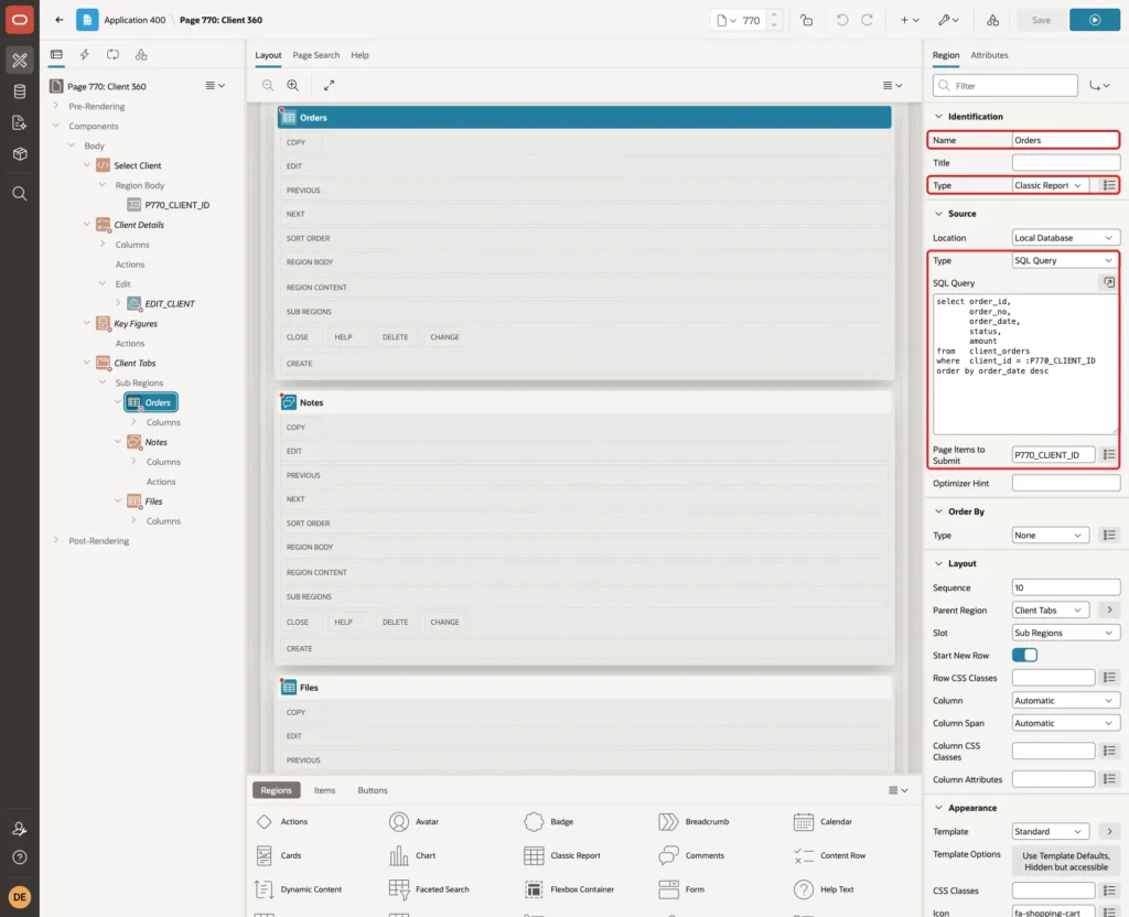 Region Orders with Name, Type Classic Report, Source Type SQL Query, the query and Page Items to Submit marked with red boxes