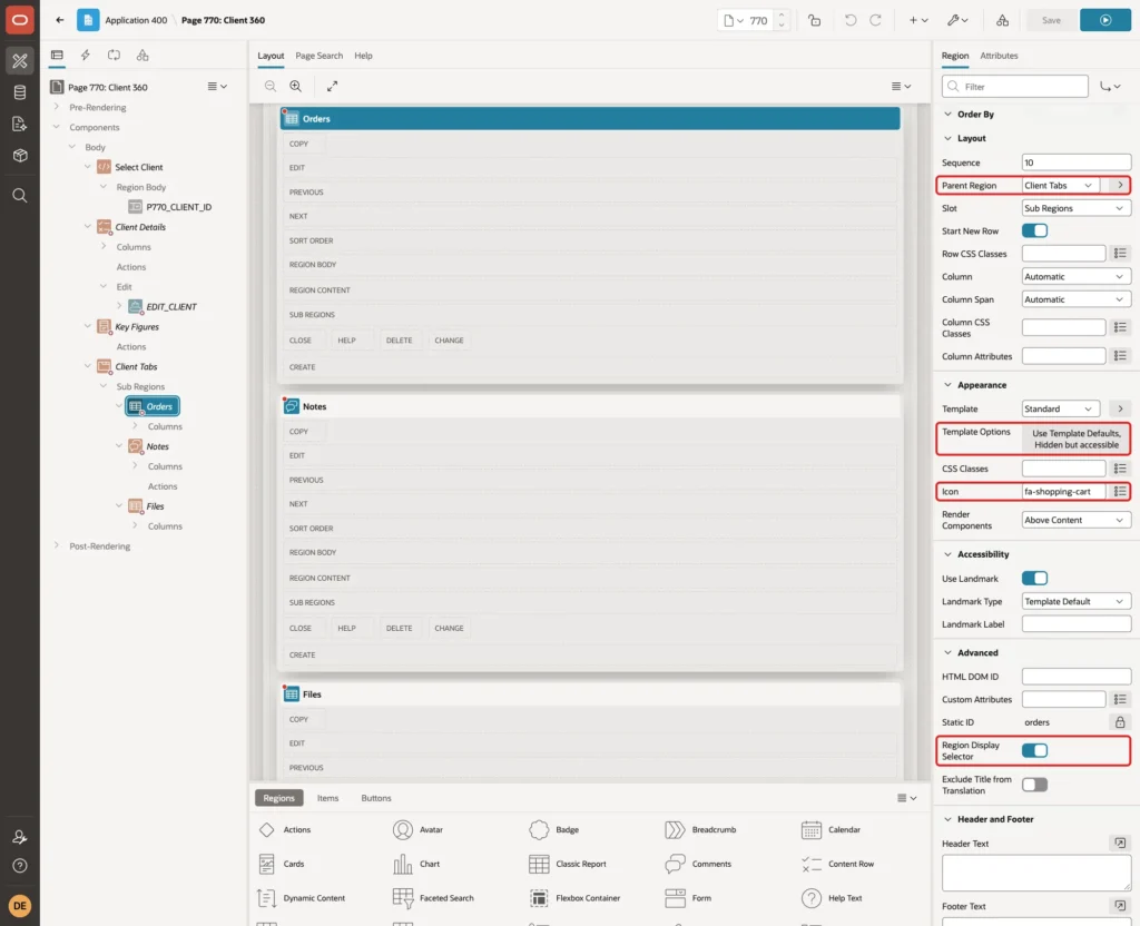Orders region with Parent Region Client Tabs, Template Options, Icon fa-shopping-cart and Region Display Selector on marked with red boxes