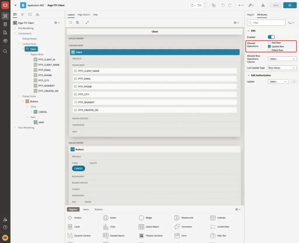 Client form region Attributes with Allowed Operations Update Row only marked with a red box