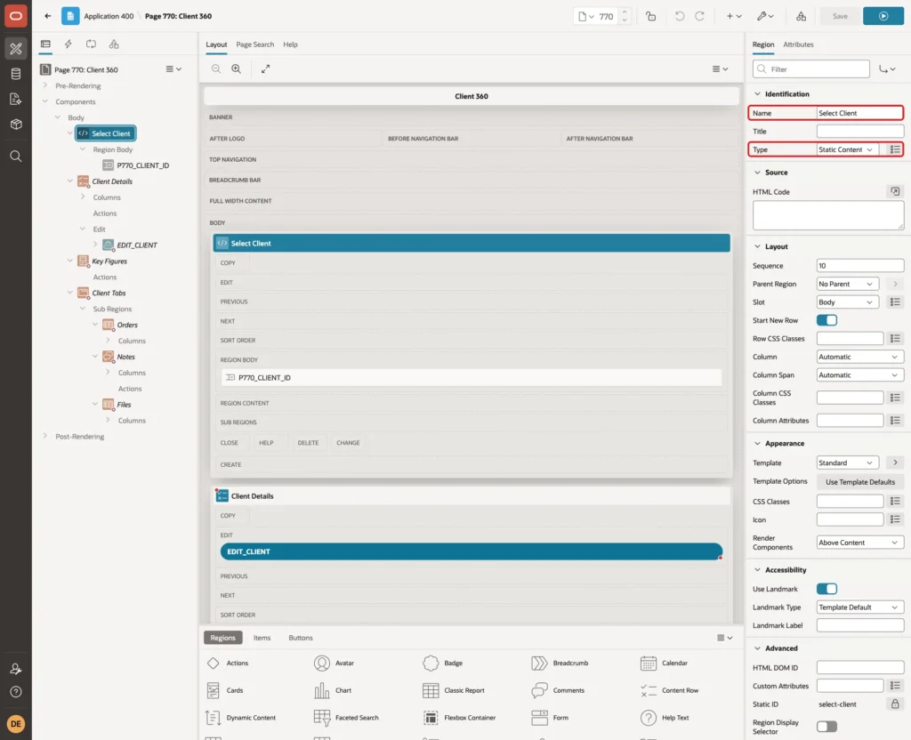 Region Select Client with Name and Type Static Content marked with red boxes
