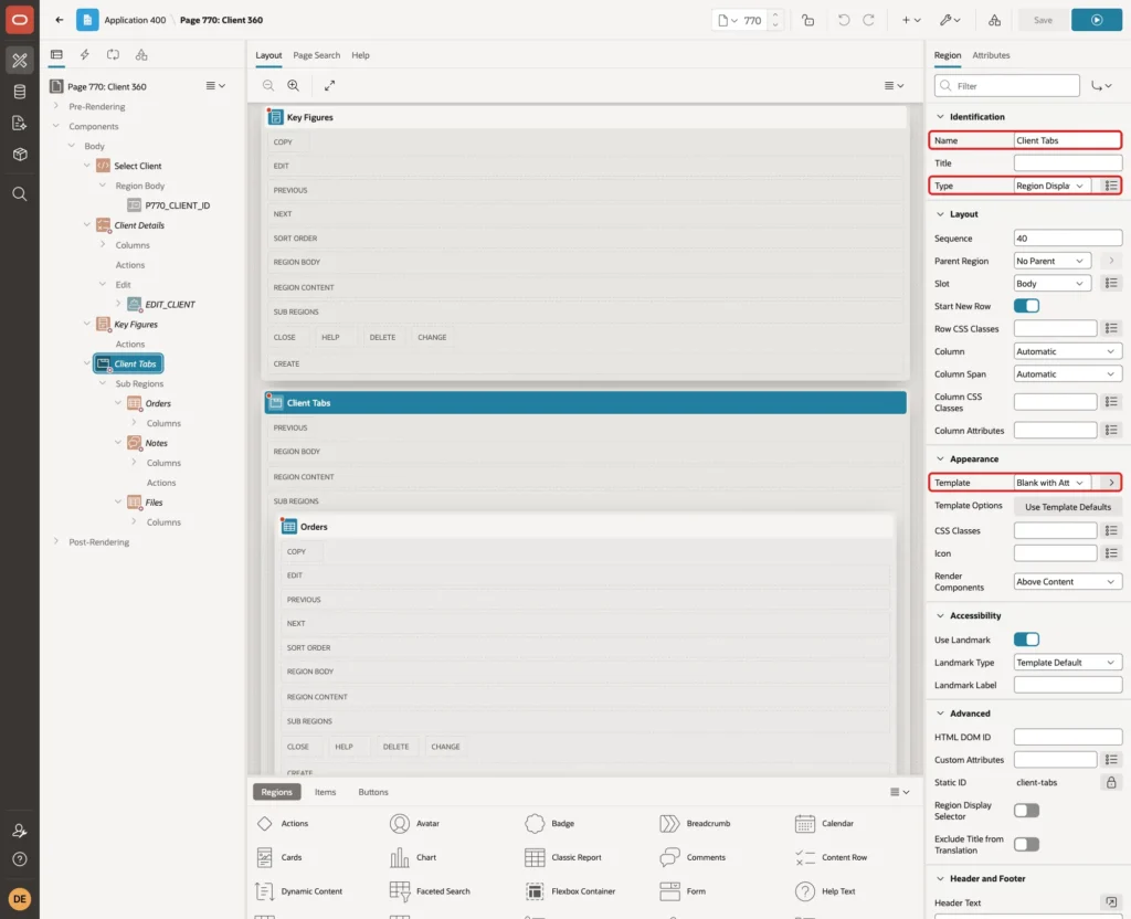 Region Client Tabs with Name, Type Region Display Selector and Template Blank with Attributes marked with red boxes