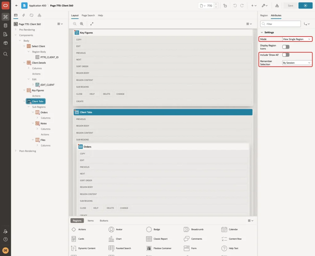 Region Display Selector settings with Mode View Single Region, Include Show All off and Remember Selection By Session marked with red boxes