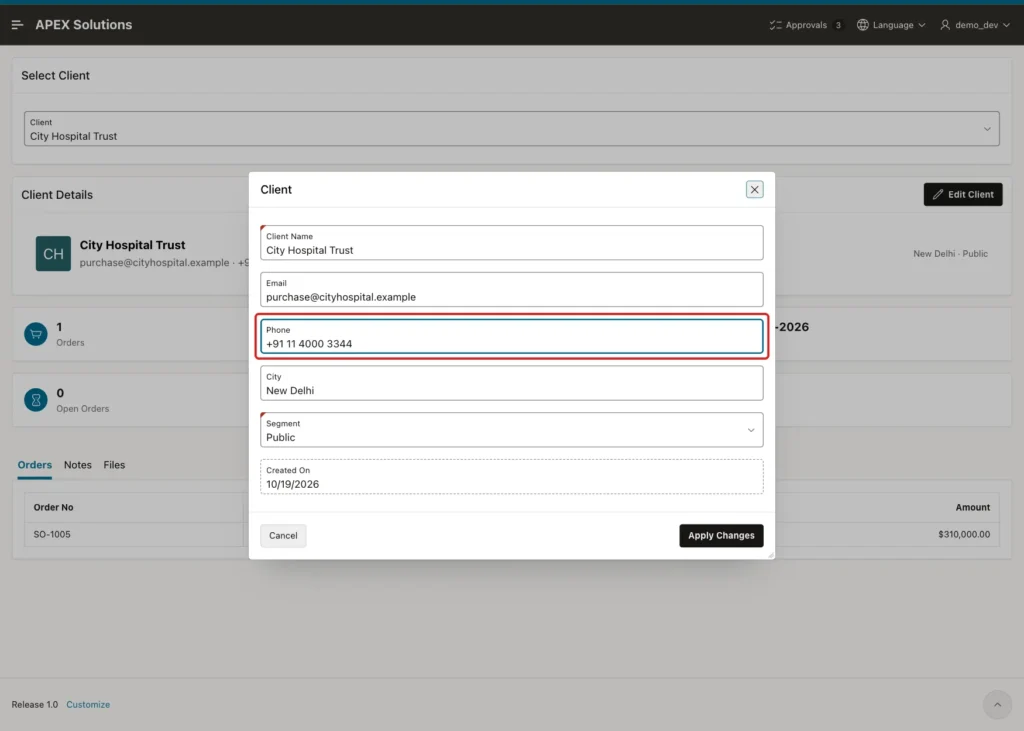Client edit dialog over the 360 page with the Phone field marked with a red box